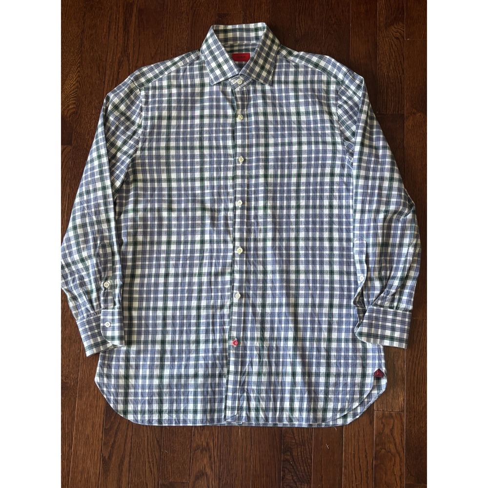 Isaia Napoli Mens Plaid Button Down Shirt Blue Green White Made in Italy 16.5 42